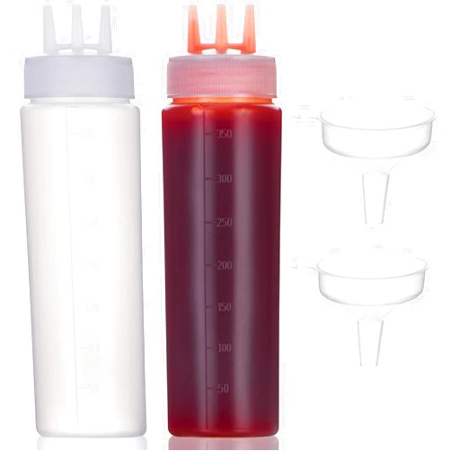 Deesoo Condiment Squeeze Bottles 3 hole, 350ml/11.8oz Restaurant Squeeze Bottles for Sauce Ketchup Mustard Syrup BBQ, Squirt Bottles for Kitchen Arts and Crafts, 2 pcs
