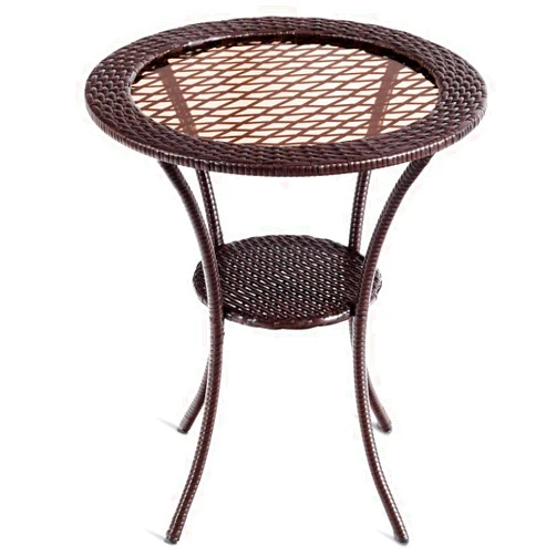 Tangkula 25 inch Patio Wicker Coffee Table Outdoor Backyard Lawn Balcony Pool Round Tempered Glass Top Rattan Steel Frame Side Table Furniture W/Storage Shelf, Brown