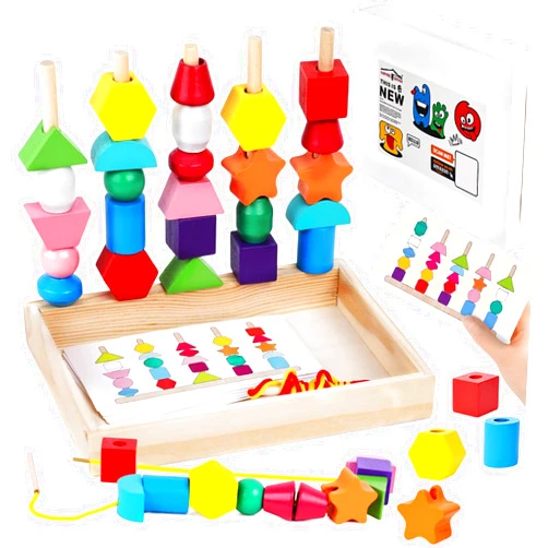 LovesTown Beads Sequencing Toy Wooden Stacking Montessori Toys for Kids Coordination and Educational Preschool Learning Toy