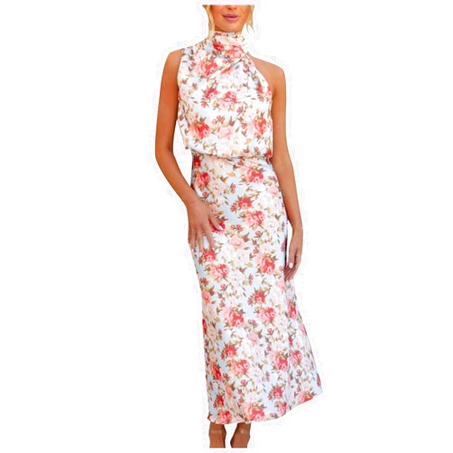 Yesunpxs Women Sleeveless Mock Neck Cocktail Dresses Keyhole Elastic Waist Party Wedding Guest Satin High Split Maxi Dress