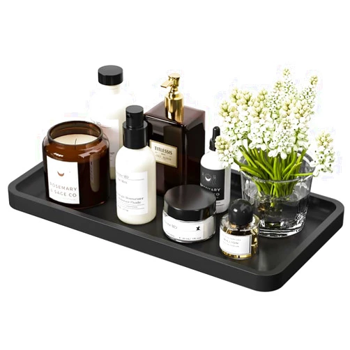 YCBH Bathroom Vanity Tray for Countertop Soap Dispenser, Toiletries, Makeup, Skincare, Decor Candle, Jewelry, Perfume, Kitchen Tray Bamboo Black Tray 11.8”L X 6.1”W X 0.8”H