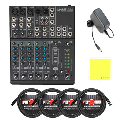 Liquid Audio Mackie 802VLZ4 8-Channel Ultra-Compact Analog Mixer Bundle w/ 4-Pack Pig Hog PHM10 8mm Mic Cable and Liquid Audio Polishing Cloth