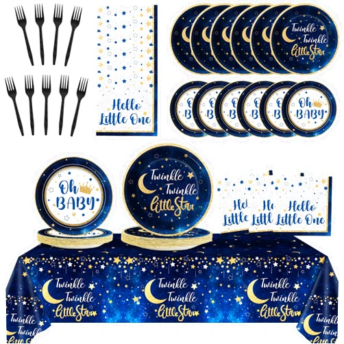 Wiooffen Twinkle Twinkle Little Star Party Supplies Tableware Set for 24 Guests Gender Reveal Birthday Party Plates Baby Shower Party Decorations Includes Plates, Napkins, Tablecloths