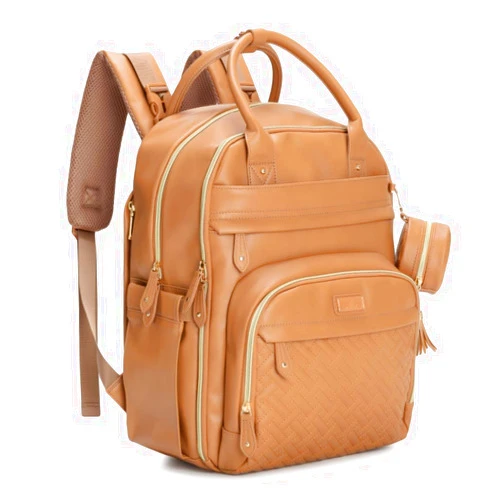 BabbleRoo Leather Diaper Bag Backpack - Baby Essentials Travel Baby Bag, Multi function, Waterproof, with Changing Pad, Stroller Straps & Pacifier Case – Unisex, Light Brown