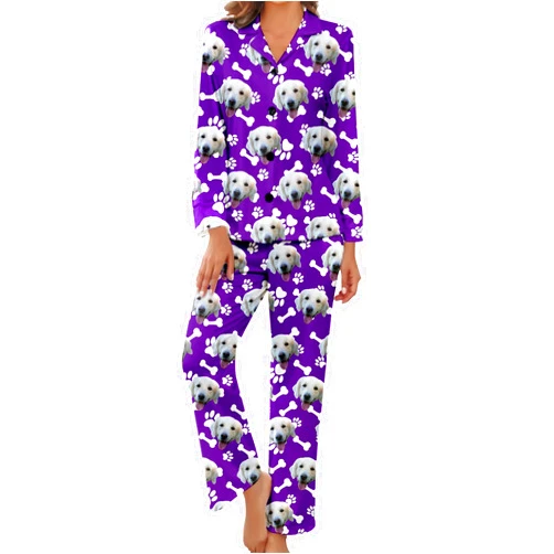 Lcyawer Custom Pajamas Set with Photo, Customized Pet Face Women Pajamas, Personalized Dog Picture Sleepwear Funny PJ for Women