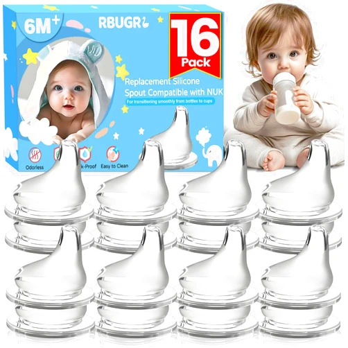 RBUGR 16 Pack Replacement Silicone Spout Compatible with NUK Active and Learner Cups, 100% Silicone Sippy Nipples for 6m+, Sippy Cup Nipple for NUK Learner Cup