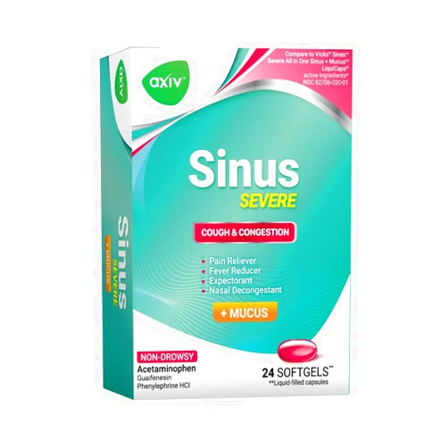AXIV Sinus Severe + Mucus Relief, Non-Drowsy, Loosens Mucus, Maximum Strength Relief of Pain, Pressure, Congestion, & Headache Ease, 24 Softgels.