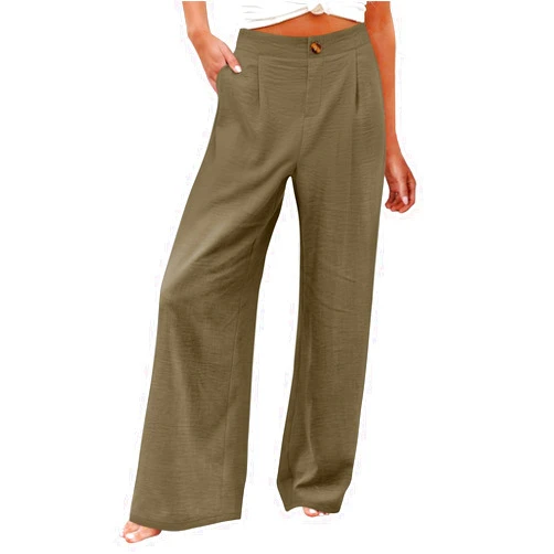 RODYETQQ Wide Leg Pants Women High Waist Button Trousers with Pockets Long Casual Pant Business Workout Trouser