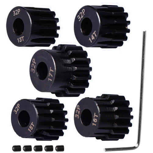DDIRC Pro 32P Hardened Steel Upgrade Pinion Gear Set: 13T 14T 15T 16T 17T fit 5mm RC Motor Shaft (Work with Steel Spur Gear) for RC Cars, Set of 5