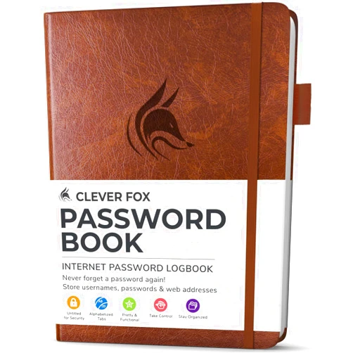 Clever Fox Password Book with Alphabetical tabs. Internet Address Organizer Logbook. Small Pocket Password Keeper for Website Logins (Brown)