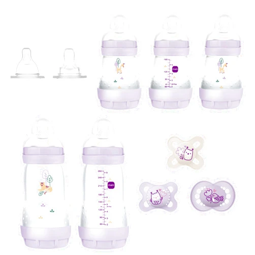 MAM Newborn Essentials Must Have for 0-3 Months, Matte Feeding Set, Easy Start Anti-Colic Bottles 5oz, Self-Sterilizing, Baby Gift, Pacifiers, Skinsoft Silicone Nipples, 10 Pieces for Girl