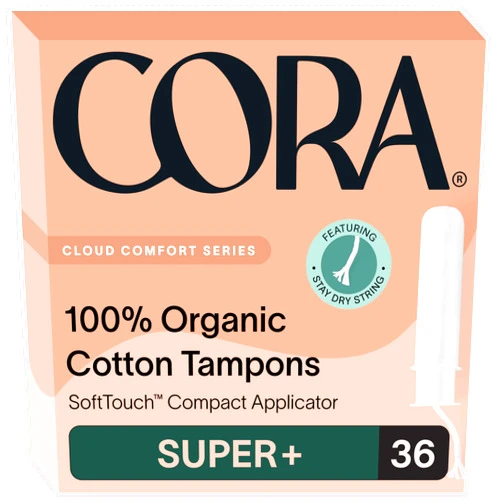 Cora Organic Applicator Tampons | Super Plus Absorbency | 100% Organic Cotton, Unscented, BPA-Free Compact Applicator | Leak Protection | Packaging May Vary | 36 Total