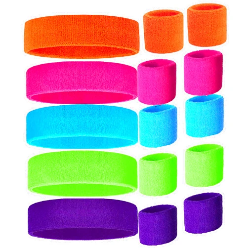 ZLXO NOVELTIES Workout Headbands for Women and Men, Sweatbands for Women with Wristbands Set of 5 Colorful Neon Sweatbands, 80s Headbands, Sports Headband and Wristband Sets