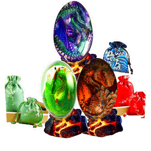 AIERAI Lava Dragon Egg with Luminous Base Ornaments&Gift Bag,Crystal Transparent Resin Dragon Egg,Handmade Sculpture Fire Pocket Dragon Souvenir for Desktop Ornaments Exquisite Unique Gift (3pcs)