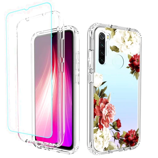 Tothedu Phone Case for Redmi Note 8 (2019/2021) M1908C3JH M1908C3JGG Case with Tempered-Glass Screen Protector, Clear Floral Pattern Full Body Protective Cover Cases for Xiaomi Redmi Note 8 (Flower)