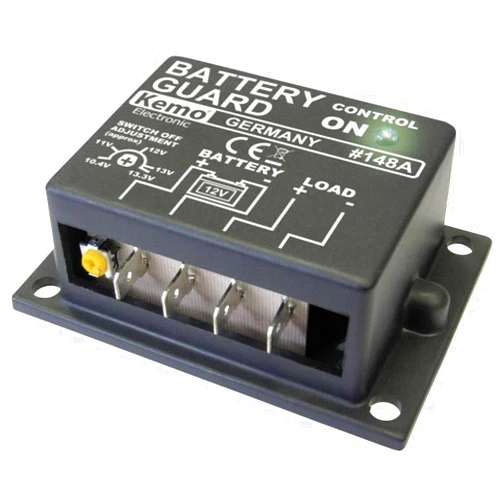 Kemo M148A Battery Monitor 12V/DC. Protect Car Batteries from Deep Discharge. Automatically turns on after return to normal voltage. Shut-off voltage adjustable approx. 10.4-13.3V, 12 x 11 x 4 cm