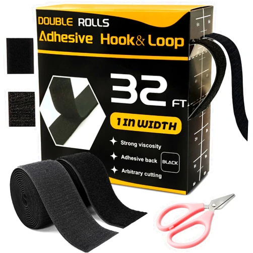 BlissfulBlend 32 Ft × 1 Inch Hook and Loop Strips with Adhesive, 2 Rolls Black Self Sticky Double Sided Heavy Duty Strips, Sticky Back for Fabrics Nylon Adhesive Tape for Home Office School and Crafting