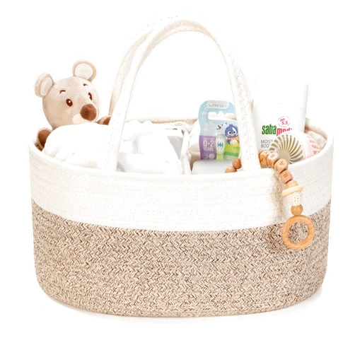 Kodomoore Diaper Caddy Organizer, Baby Storage Basket, Nursery Bin and Car Organizer for Diapers, Gift Basket for Baby Shower List or Newborn Essentials, Boys and Girls - White and Beige Brown