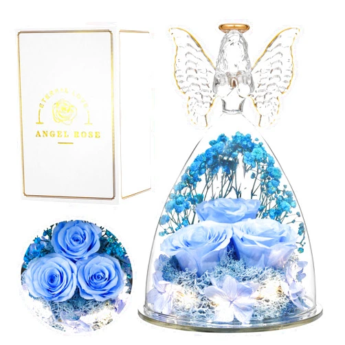 Tiaronics Mothers Day Rose Gift for Women, Glass Angel Figurine with Three Roses Gifts,Preserved Forever Real Rose Gifts for Women, Angel Guardian with Rose Flower Gift, Sky Blue