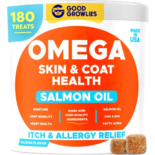 GOODGROWLIES Omega 3 Alaskan Fish Oil Treats for Dogs 180 Ct - Dry & Itchy Skin Relief + Allergy Support - Shiny Coats - EPA&DHA Fatty Acids - Natural Salmon Oil Chews, Hip & Joint Support - Salmon