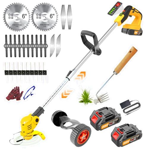 JIEKERUOYU Electric Weed Wacker Cordless Weed Trimmer Eater Battery Powered, Lightweight Grass Trimmers Cordless with 2 2Ah Battery & Charger, Rechargeable No String Trimmer/Edger/Brush Cutter (26 Blade, Wheels)