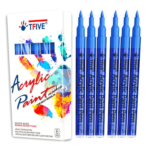 TFIVE Blue Marker Paint Pens - 6 Pack Acrylic Blue Permanent Marker, 0.7mm Extra Fine Tip Paint Pen for Art projects, Drawing, Rock Painting, Stone, Ceramic, Glass, Wood, Plastic, Metal, Canvas DIY Crafts
