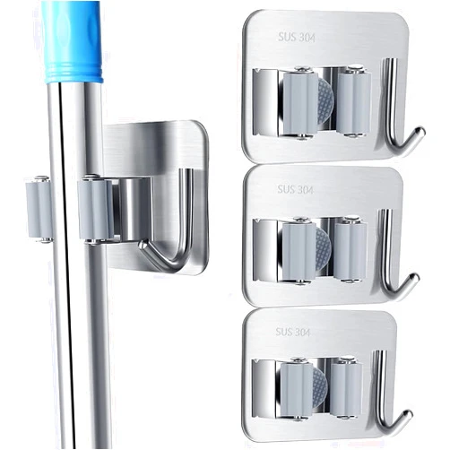 HUOWUSS Broom Mop Holder, 3PCS Sturdy Broom Holder Wall Mount, 304 Metal Stainless Steel Broom Holder and Storage, Utility Storage Rack Heavy Duty Tools Hanger for Home Office Closet & Garden