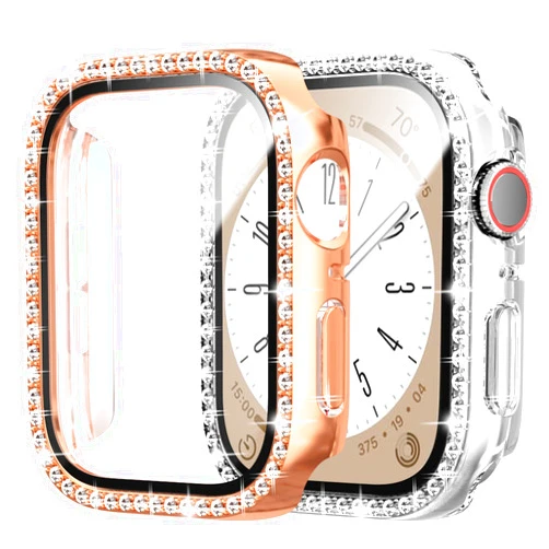Cuteey 2 Pack Bling Case with Tempered Glass Screen Protector for Apple Watch SE 2 Series 6/5/4 SE 44mm, All Round Full Protective Hard PC Cover Bumper for iWatch Accessories, Rosegold+Clear