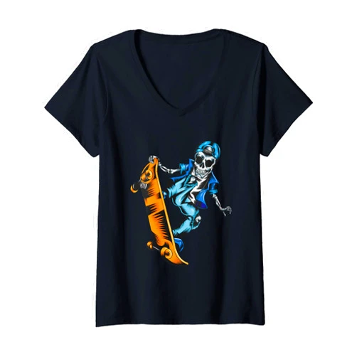 Athlete Skateboard Gangster Skateboarder Skater Womens Skateboarder Skeleton Eaves Walker Boys Best Skater Trick V-Neck T-Shirt