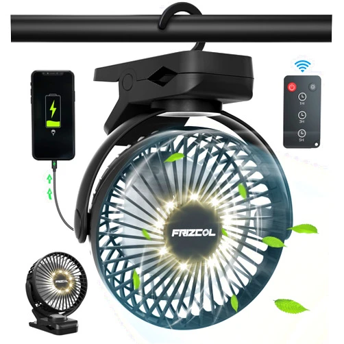 FRIZCOL Portable Clip on Fan 65 Working Hours, Camping Fans with LED Lights & Hook, 12000 Capacity Battery Operated Fan with Clamp, USB Rechargeable for Desk, Tent, Treadmill, Stroller, Golf Cart, Home