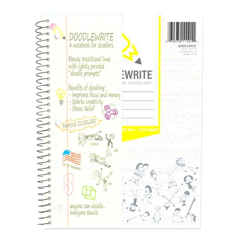 DoodleWrite Wide Ruled Wirebound Spiral Notebook, Includes Doodle Prompts to Keep Focus, Spark Creativity/Imagination, Relieve Stress, 10.5