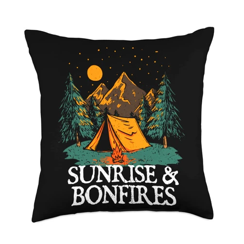 Camp Sunny Hiker Nature Lover Vacation Sunrise & Bonfires Camping Summer Camper Tropical Hiking Throw Pillow, 18x18, Multicolor