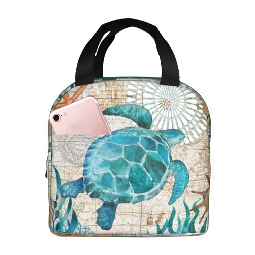 Duduho Sea Turtle Lunch Bag Compact Tote Bag Ocean Creature Landscape Reusable Lunch Box Container For Women Men School Office Work