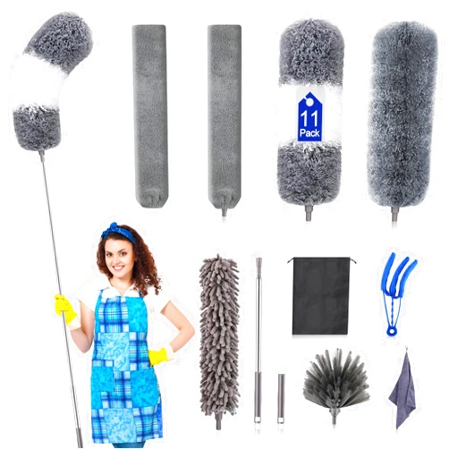 DTZERT Microfiber Duster Kit (11PCS) - Washable Dusters with Extension Pole (30 to 100 in) for Cleaning Ceilings, Fans, Furniture