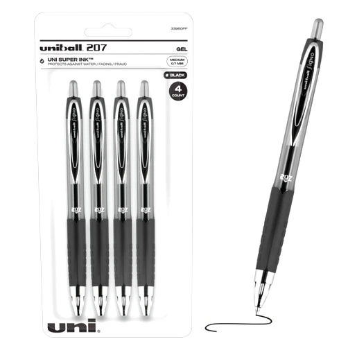 uni-ball 207 Retractable Gel Pens, Medium Point (0.7mm), Black, 4 Count