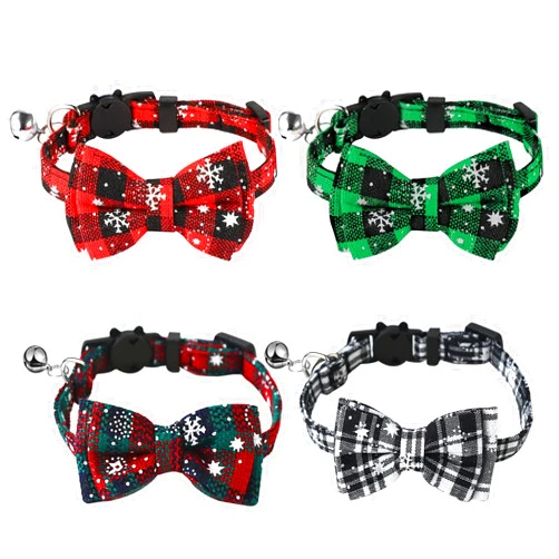 VMPETV 4 Pack Christmas Cat Collar Breakaway Kitten Collar with Bell and Cat Bow Tie Removable, Adjustable Safety Cat Collars for Boy Cats, Cute Plaid Snowflake Xmas Cat Accessories for Kitty, Puppy