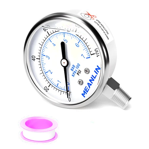 MEANLIN MEASURE 0~100Psi Liquid Filled Pressure Gauge Stainless Steel with 316 Stainless Steel Joint 1/4