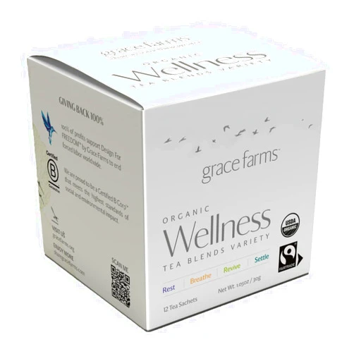 Grace Farms Wellness Organic Tea Blend Variety Box (12 Enveloped Sachets) | BREATHE, REST, REVIVE, and SETTLE | 3 Sachets of Each Tea With Adaptogens | Fairtrade & Kosher | Gives Back 100% of Profits
