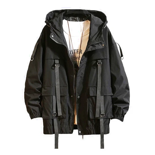 Nutriangee Mens Hip Hop Streetwear Windbreaker Jacket Lightweight Casual Outdoor Bomber with Ribbons Coat