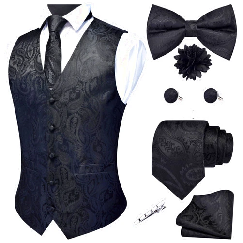 GUSLESON Men's V-Neck Suit Vests Formal Men Vest Paisley Jacquard Tie Waistcoat Bow tie Hanky Set Wedding 7PCS