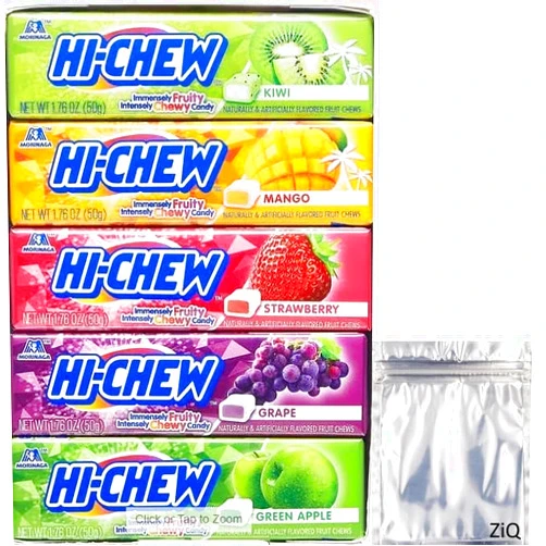 ZiQ Hi-Chew Sticks Chewy Fruit Candies Variety Pack (Kiwi, Mango, Strawberry, Grape, Green Apple) 1.76 oz, 15-Pack/ZiQ 1 Piece Smell Proof Packaging Bags