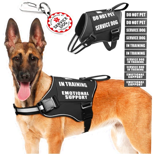 MOOGROU Service Dog Vest Harness+ID Tag+10 Patches,Metal Serivce Dog Tag&Reflective Emotional Support Dog Vest with Handle for Large Dogs,Easy Put On/Off for Training/Walking/Everyday Black L