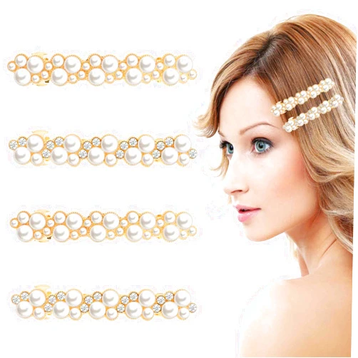 Vin Beauty 4 PCS Pearl Hair Clips, Retro Pearl Hair Barrette Rhinestone Bling Hair Clip Cute Pearl Hair Pin Barrettes Decorative Hair Accessories for Parties, Wedding, Daily Use, Women Girls Prom Party (Gold)