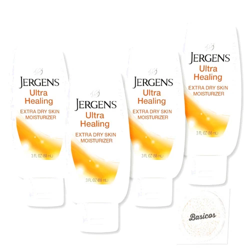 BASICOS 4Pack Jergens Ultra Healing Lotion Travel Size Bulk Pack, 3oz Each - Moisturizer for Dry Skin - Convenient On-the-Go Body Cream - Dermatologist Tested -Bonus Exfoliating Facial Sponge