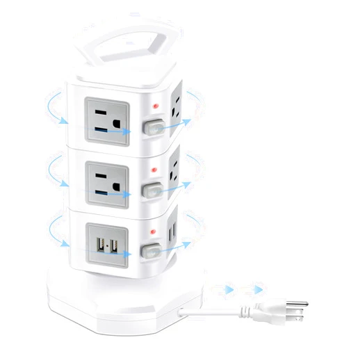 GLCONN 10-Outlet Power Strip Tower | Outlet Expander | Retractable Extension Cord with 4 USB Ports | Multi Plug Surge Protector for Multiple Devices, Cell Phone, Computer Accessories | Office, Desk Organizer