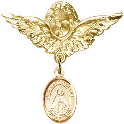 Unknown Gold Filled Baby Badge with Our Lady of Olives Charm and Angel w/Wings Badge Pin 1 1/8 X 1 1/8 inches