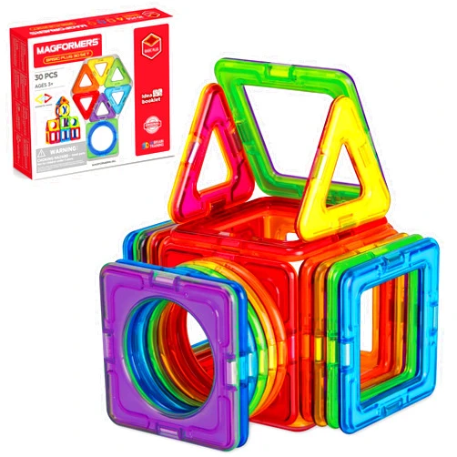 MAGFORMERS Basic Plus 30Piece, Rainbow Colors, Educational Magnetic Geometric Shapes Tiles Building STEM Toy Set Ages 3+