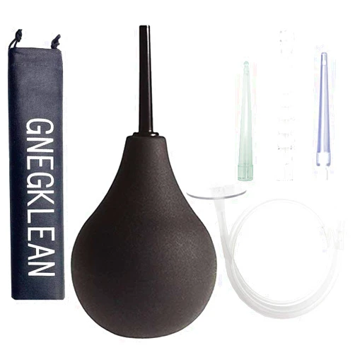 GNEGKLEAN Black Silicone Enema Bulb Kit 7.6oz Clean Anal Douche for Men Women with 19.7in Hose+4 Replaceable Nozzle (Black)