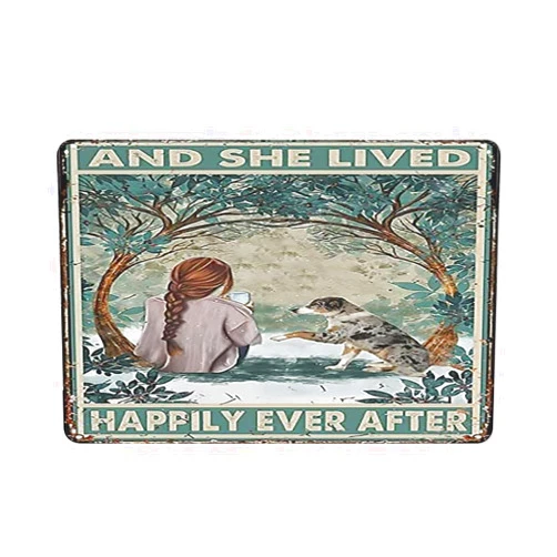 Strunt Funny Metal Tin Sign Australian Shepherd And She Lived Happily Ever After Metal Tin Plaque Decoration Home Kitchen Restaurant Wall Sign Bakery Drink Shop Decoration Sign,Yard Signs,12×16 inch