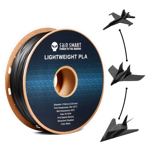 SainSmart Light Weight Filament 1.75mm, 1KG, LW-PLA Low-Density Active Foaming 3D Printer Filament for RC Planes Drone Parts and Cosplay, Black PLA Filament